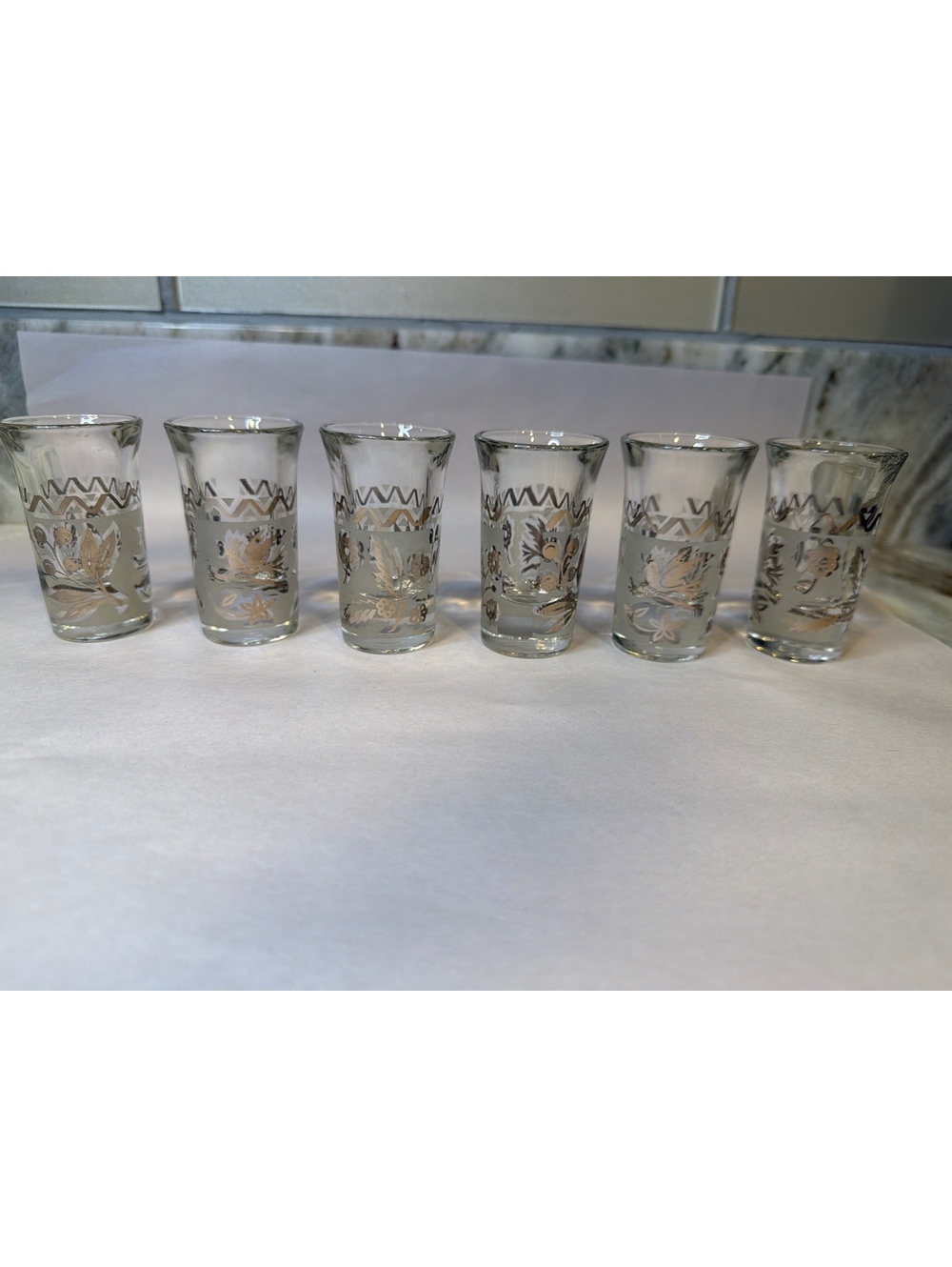 VTG Glenshaw Glassworks Shot Glasses Silver White Bird Leaf Design Set of 6